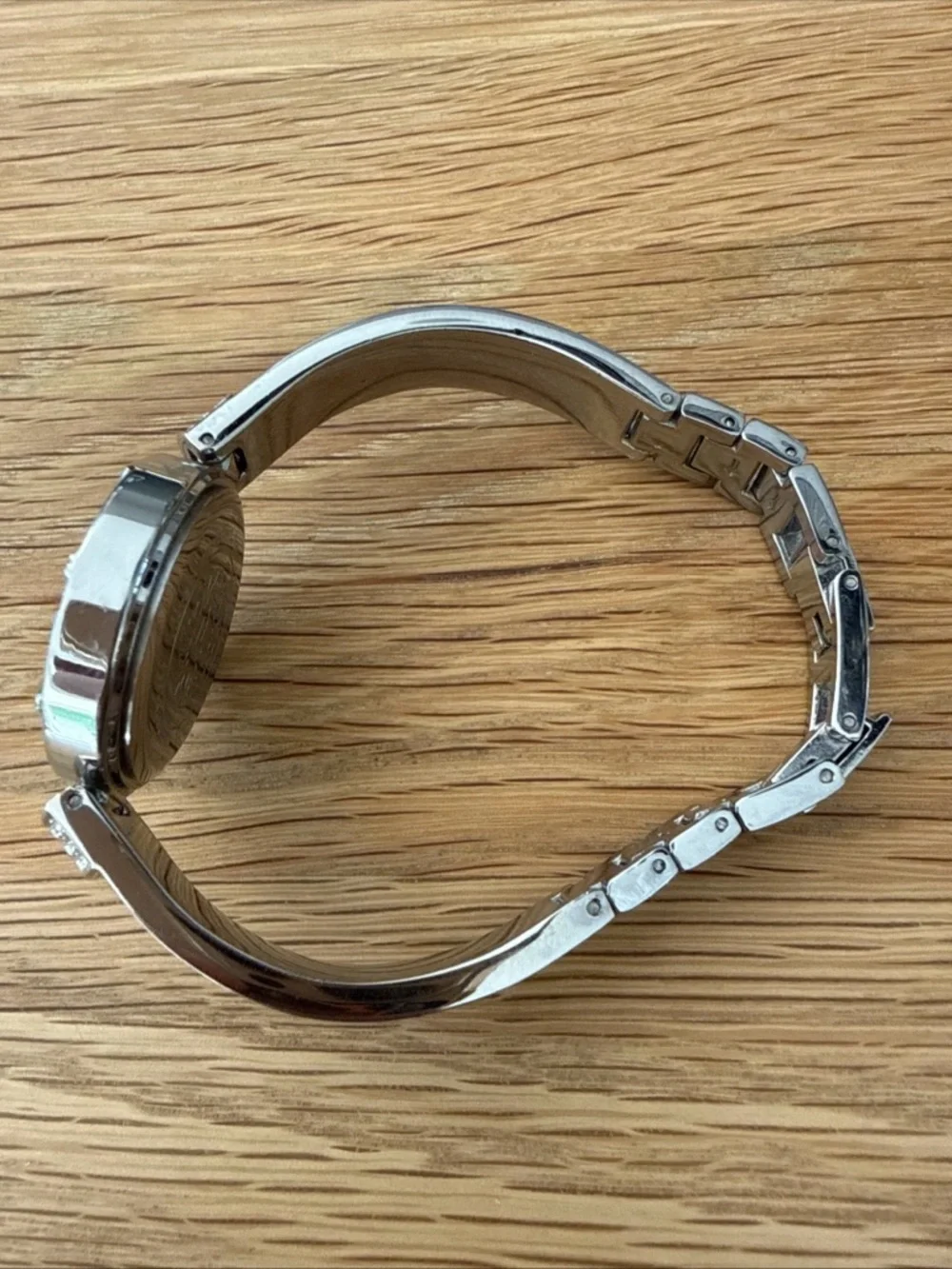 Anne Klein Silver Bracelet Watch with Black Dial and Crystal Accents, Runs Great